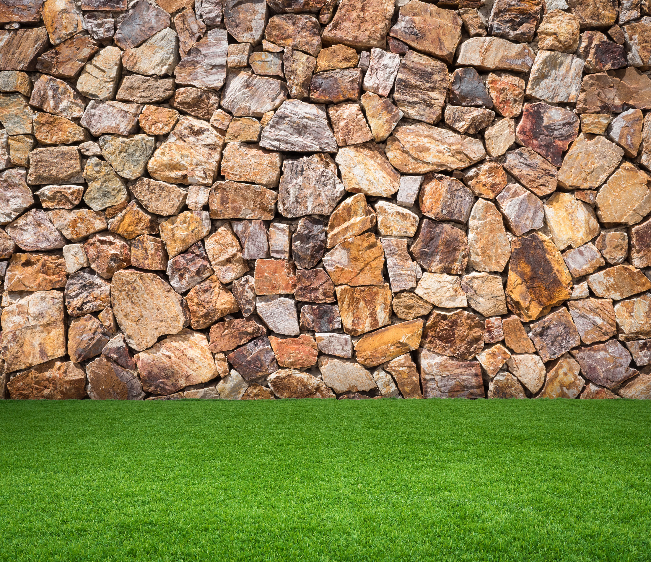 Backyard in Tucson featuring artificial turf and a stacked stone retaining wall
